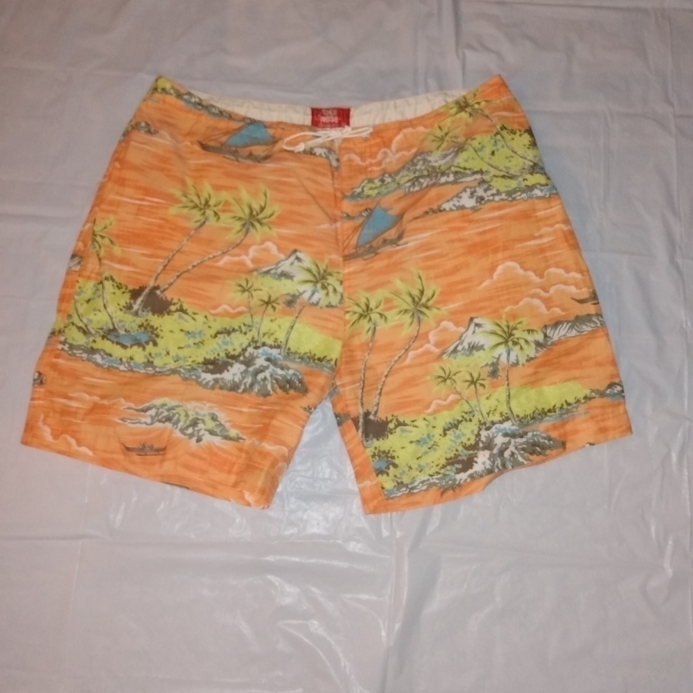 Men's Toes on the Nose Swim Shorts, sz 36, Orange tropical print, pre-ow…